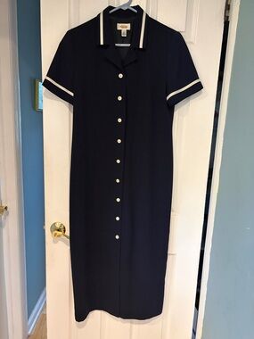 Talbots Navy long Button-Front Dress with White Trim